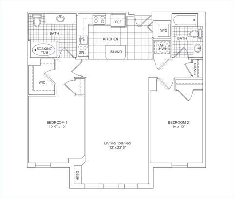 Floor plan for 2 beds, 2 baths, 1055 sqft
